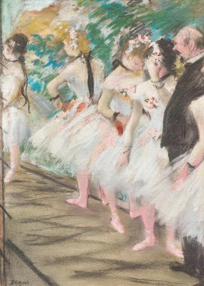 An impressionist pastel painting by Edgar Degas depicting a line of ballet dancers in white tutus and pink slippers waiting backstage. A man in a dark suit stands at the far right. Wall Art