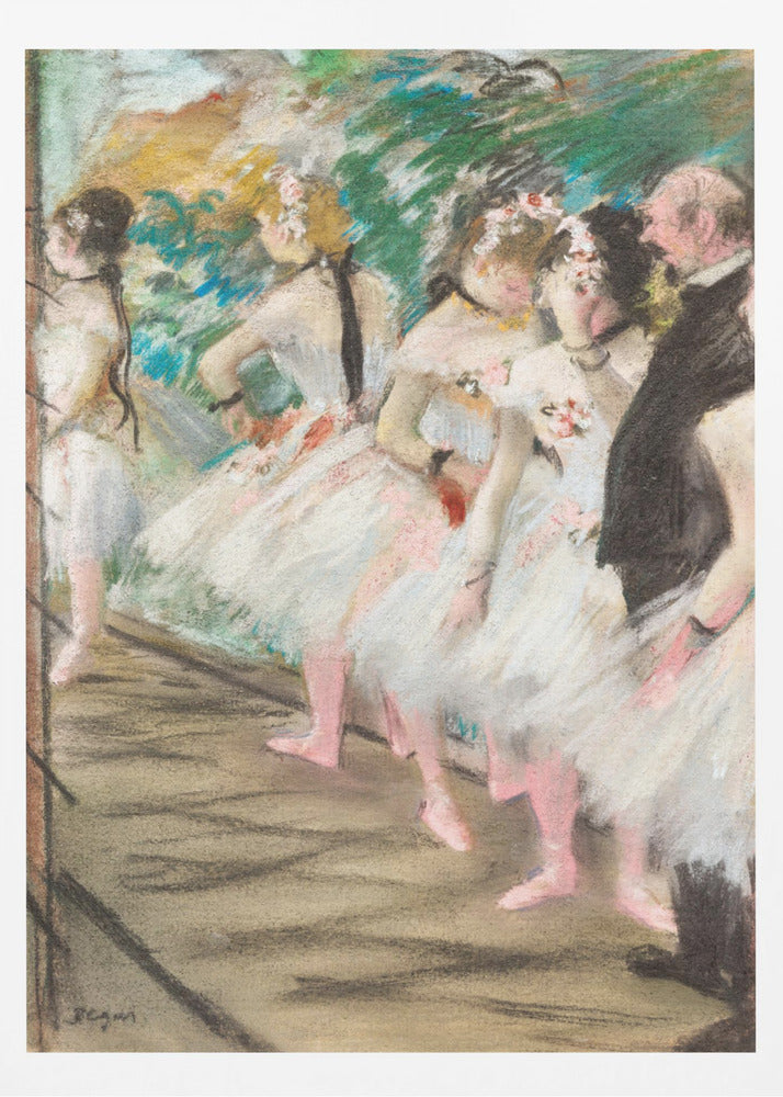An impressionist pastel painting by Edgar Degas depicting a line of ballet dancers in white tutus and pink slippers waiting backstage. A man in a dark suit stands at the far right. Wall Art