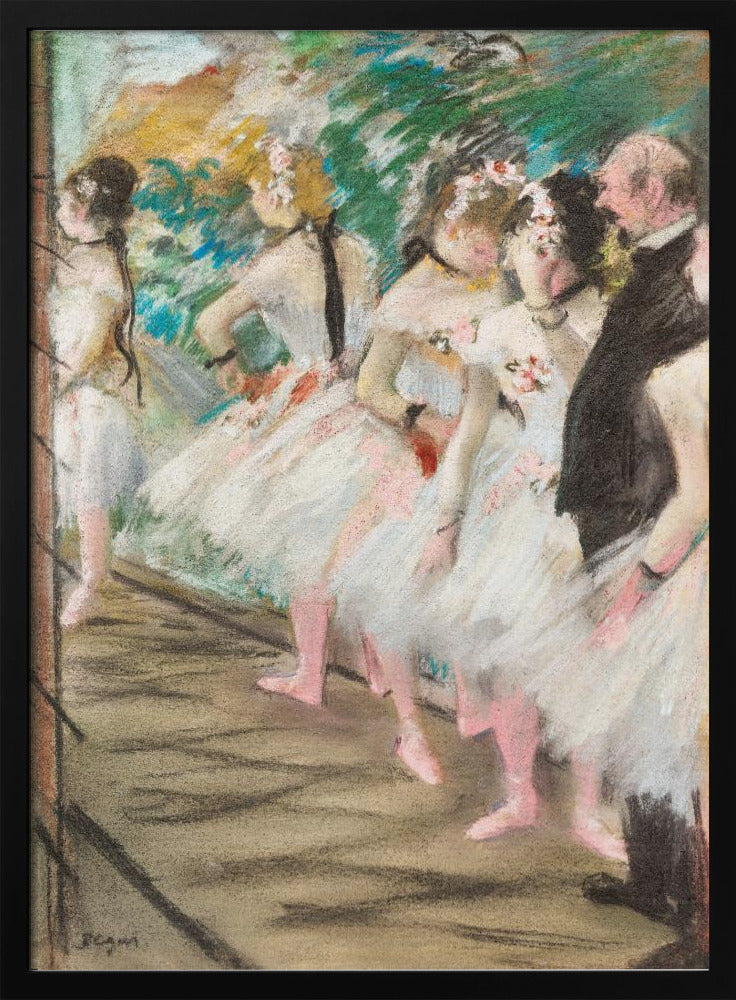 An impressionist pastel painting by Edgar Degas depicting a line of ballet dancers in white tutus and pink slippers waiting backstage. A man in a dark suit stands at the far right. Wall Art