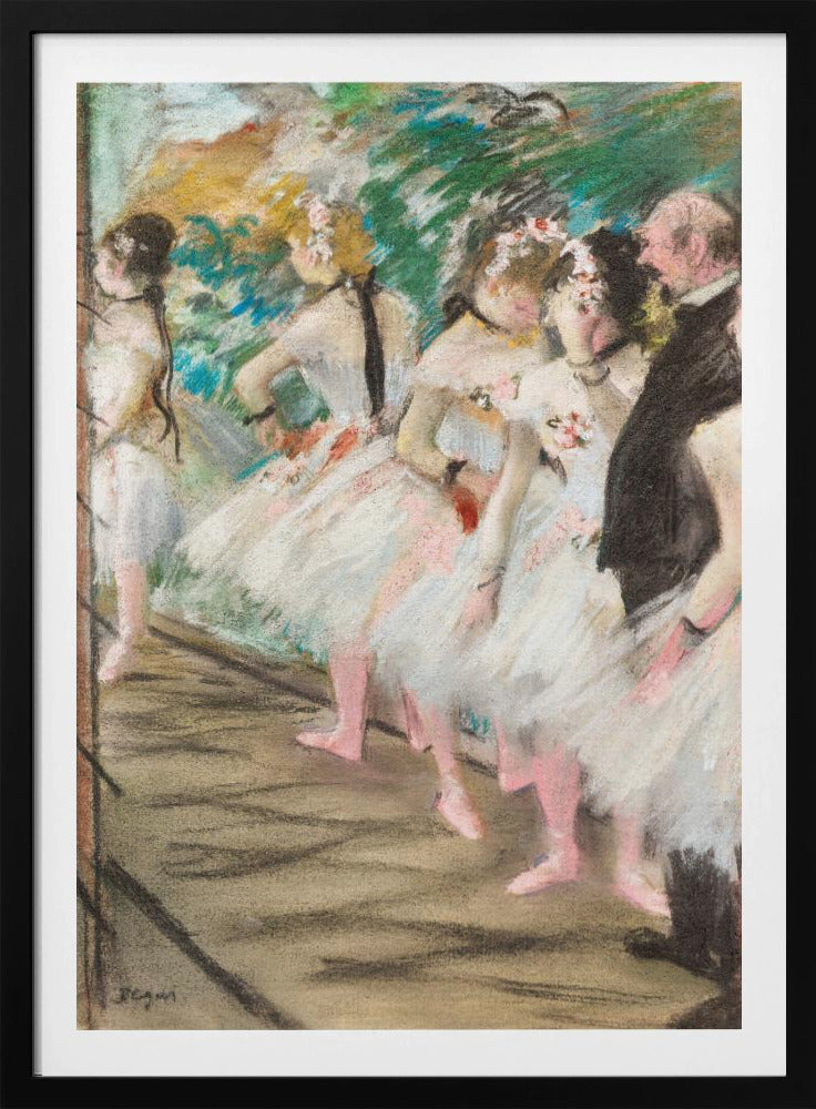 An impressionist pastel painting by Edgar Degas depicting a line of ballet dancers in white tutus and pink slippers waiting backstage. A man in a dark suit stands at the far right. Wall Art