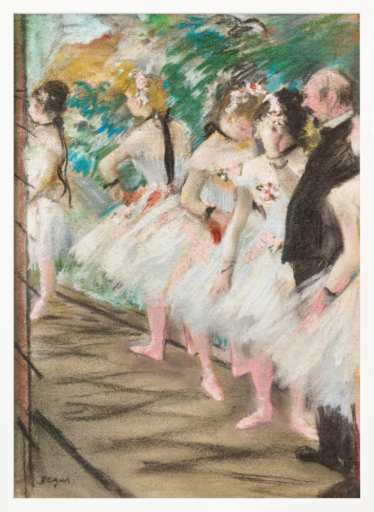 An impressionist pastel painting by Edgar Degas depicting a line of ballet dancers in white tutus and pink slippers waiting backstage. A man in a dark suit stands at the far right. Wall Art