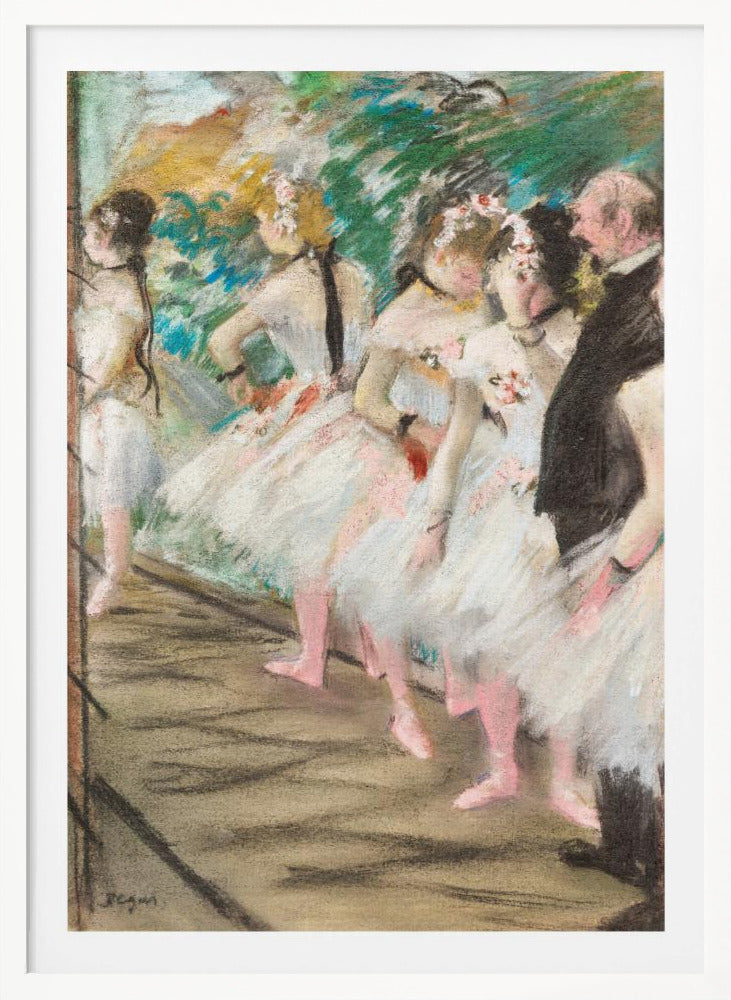 An impressionist pastel painting by Edgar Degas depicting a line of ballet dancers in white tutus and pink slippers waiting backstage. A man in a dark suit stands at the far right. Wall Art