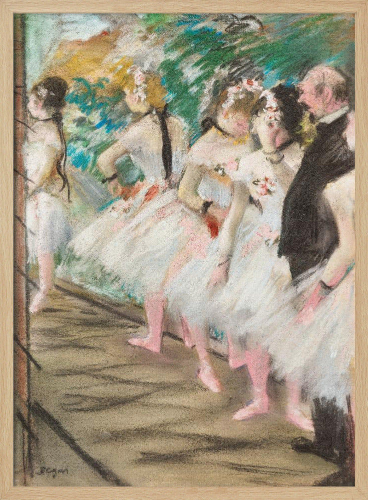 An impressionist pastel painting by Edgar Degas depicting a line of ballet dancers in white tutus and pink slippers waiting backstage. A man in a dark suit stands at the far right. Wall Art