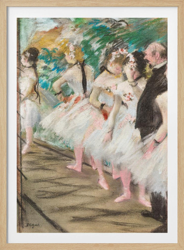 An impressionist pastel painting by Edgar Degas depicting a line of ballet dancers in white tutus and pink slippers waiting backstage. A man in a dark suit stands at the far right. Wall Art