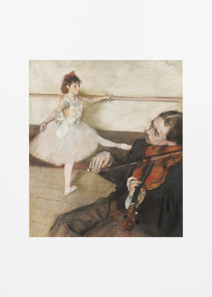 A framed impressionist painting by Edgar Degas titled 'The Dance Lesson'. The artwork depicts a young ballerina in a white tutu and red ribbon in her hair practicing at a ballet barre. In the foreground, a musician sits and plays the violin. Wall Art