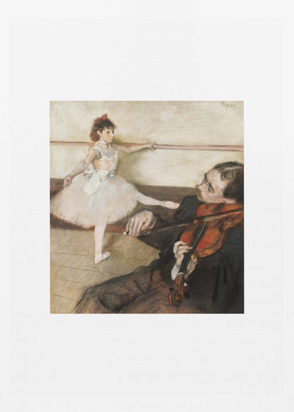 A framed impressionist painting by Edgar Degas titled 'The Dance Lesson'. The artwork depicts a young ballerina in a white tutu and red ribbon in her hair practicing at a ballet barre. In the foreground, a musician sits and plays the violin. Wall Art