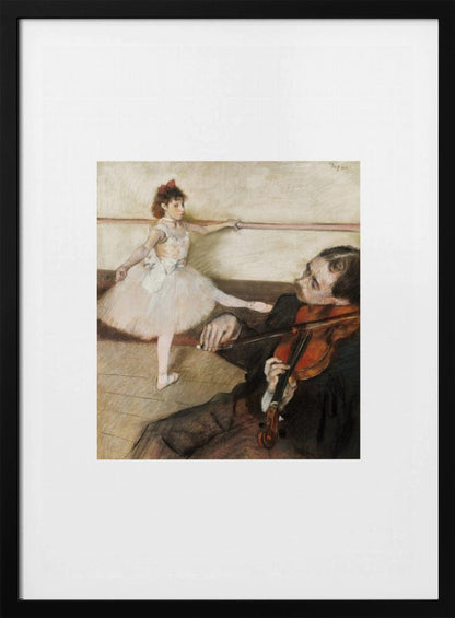 A framed impressionist painting by Edgar Degas titled 'The Dance Lesson'. The artwork depicts a young ballerina in a white tutu and red ribbon in her hair practicing at a ballet barre. In the foreground, a musician sits and plays the violin. Wall Art