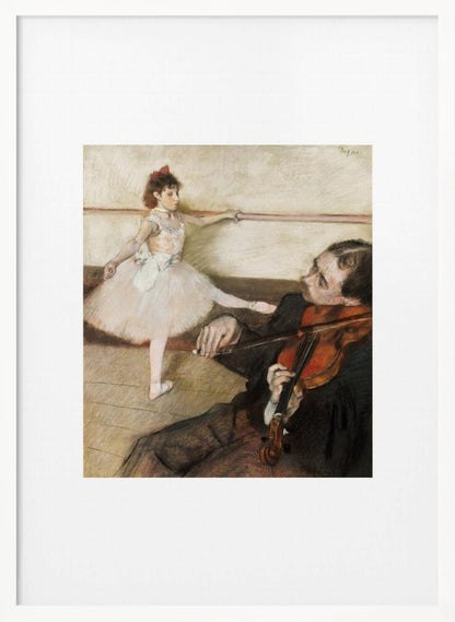 A framed impressionist painting by Edgar Degas titled 'The Dance Lesson'. The artwork depicts a young ballerina in a white tutu and red ribbon in her hair practicing at a ballet barre. In the foreground, a musician sits and plays the violin. Wall Art