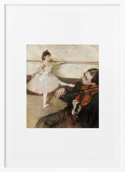 A framed impressionist painting by Edgar Degas titled 'The Dance Lesson'. The artwork depicts a young ballerina in a white tutu and red ribbon in her hair practicing at a ballet barre. In the foreground, a musician sits and plays the violin. Wall Art