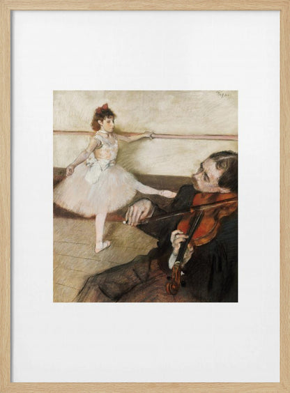 A framed impressionist painting by Edgar Degas titled 'The Dance Lesson'. The artwork depicts a young ballerina in a white tutu and red ribbon in her hair practicing at a ballet barre. In the foreground, a musician sits and plays the violin. Wall Art