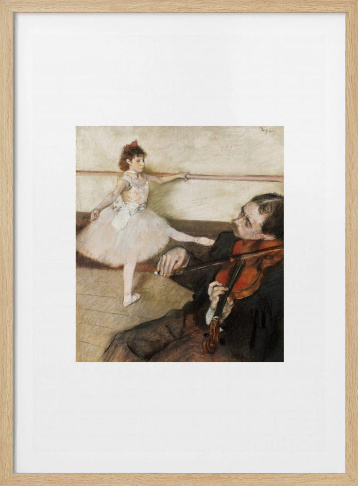 A framed impressionist painting by Edgar Degas titled 'The Dance Lesson'. The artwork depicts a young ballerina in a white tutu and red ribbon in her hair practicing at a ballet barre. In the foreground, a musician sits and plays the violin. Wall Art