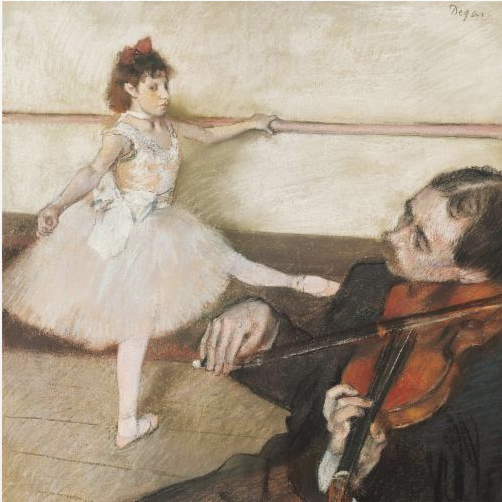 An impressionist painting by Edgar Degas of a young ballerina in a white tutu practicing at a barre while a musician in the foreground plays the violin. Poster