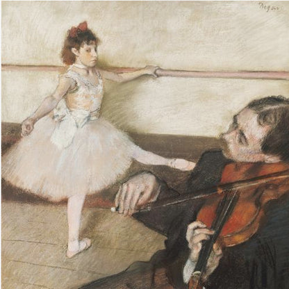 An impressionist painting by Edgar Degas of a young ballerina in a white tutu practicing at a barre while a musician in the foreground plays the violin. Poster