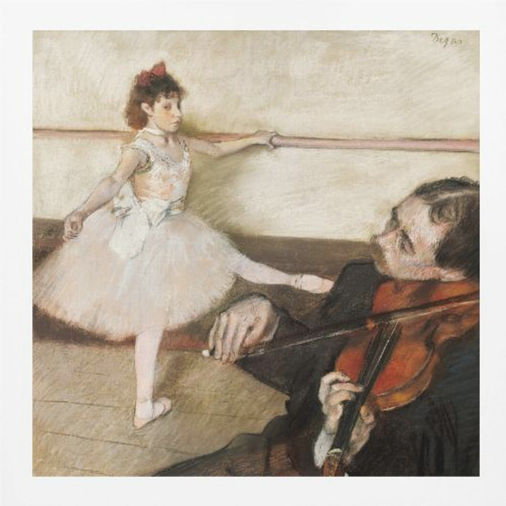 An impressionist painting by Edgar Degas of a young ballerina in a white tutu practicing at a barre while a musician in the foreground plays the violin. Poster