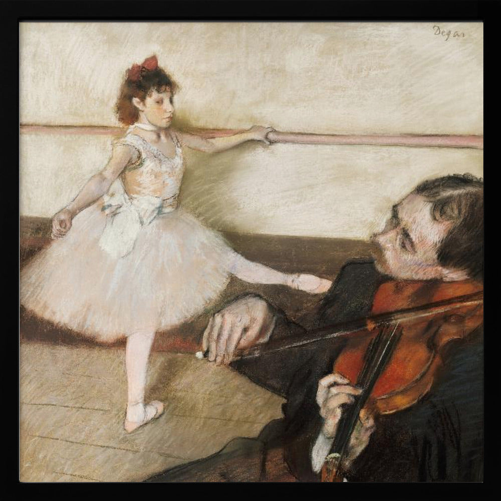 An impressionist painting by Edgar Degas of a young ballerina in a white tutu practicing at a barre while a musician in the foreground plays the violin. Poster