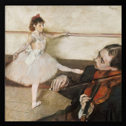 An impressionist painting by Edgar Degas of a young ballerina in a white tutu practicing at a barre while a musician in the foreground plays the violin. Poster