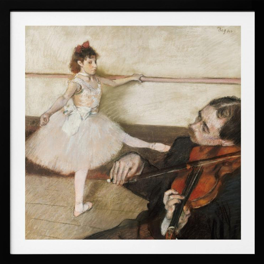 An impressionist painting by Edgar Degas of a young ballerina in a white tutu practicing at a barre while a musician in the foreground plays the violin. Poster