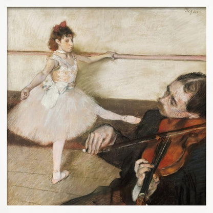An impressionist painting by Edgar Degas of a young ballerina in a white tutu practicing at a barre while a musician in the foreground plays the violin. Poster