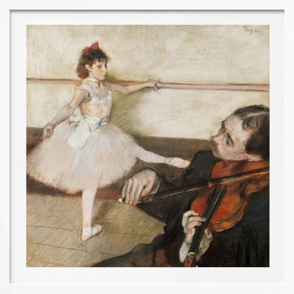 An impressionist painting by Edgar Degas of a young ballerina in a white tutu practicing at a barre while a musician in the foreground plays the violin. Poster