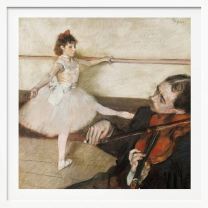 An impressionist painting by Edgar Degas of a young ballerina in a white tutu practicing at a barre while a musician in the foreground plays the violin. Poster