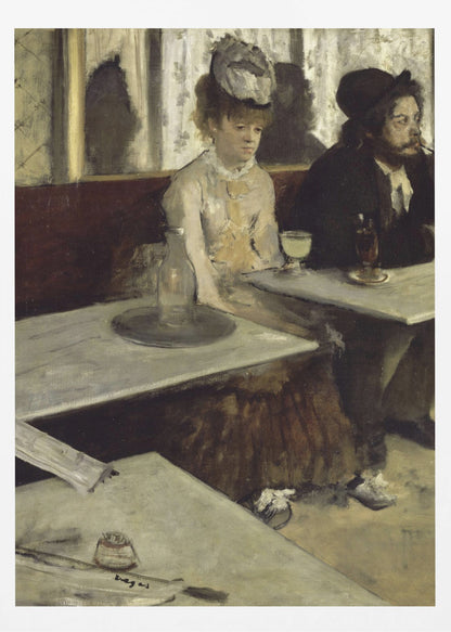 An impressionist painting by Edgar Degas, 'L'Absinthe', depicting a man and a woman sitting separately in a cafe. The woman in a light dress and hat looks downcast before a glass of pale green absinthe, while the bearded man next to her smokes a pipe and looks to the right. The scene is captured from an angle, with empty cafe tables in the foreground. Poster