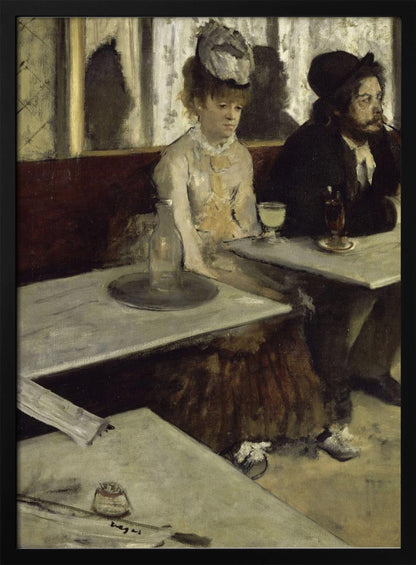 An impressionist painting by Edgar Degas, 'L'Absinthe', depicting a man and a woman sitting separately in a cafe. The woman in a light dress and hat looks downcast before a glass of pale green absinthe, while the bearded man next to her smokes a pipe and looks to the right. The scene is captured from an angle, with empty cafe tables in the foreground. Poster