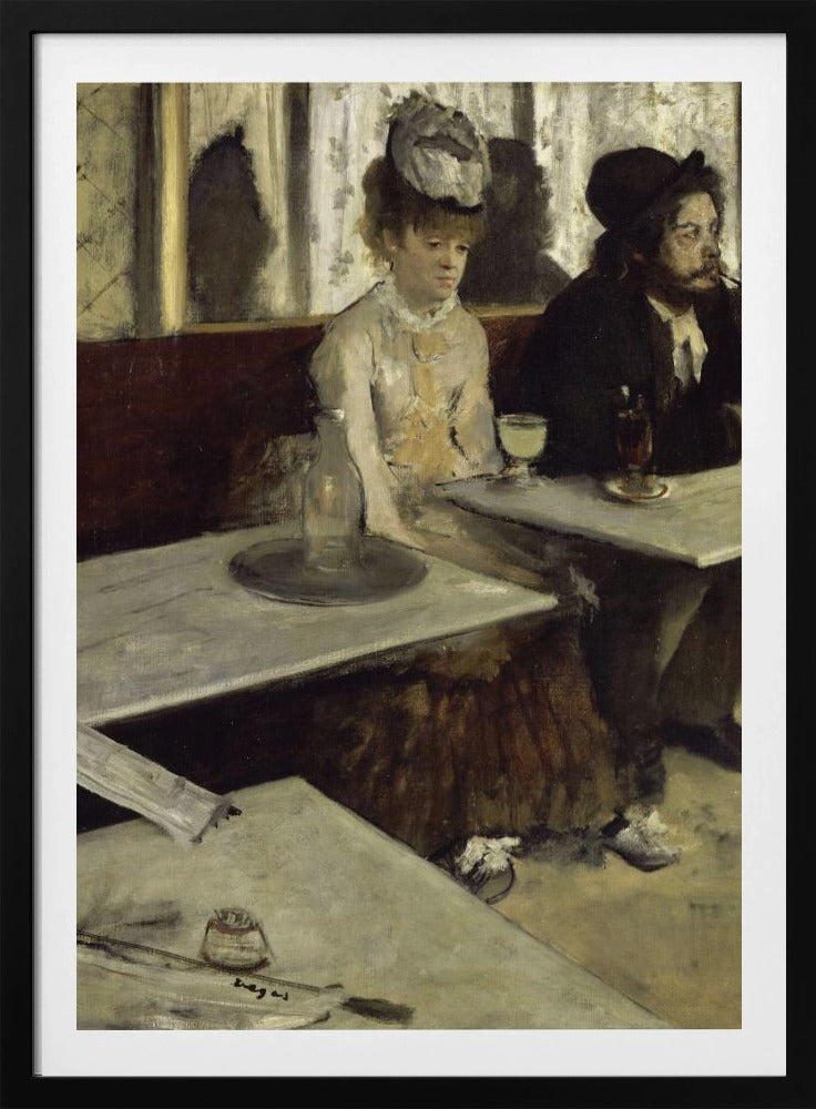 An impressionist painting by Edgar Degas, 'L'Absinthe', depicting a man and a woman sitting separately in a cafe. The woman in a light dress and hat looks downcast before a glass of pale green absinthe, while the bearded man next to her smokes a pipe and looks to the right. The scene is captured from an angle, with empty cafe tables in the foreground. Poster