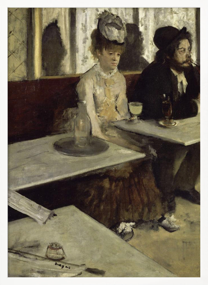 An impressionist painting by Edgar Degas, 'L'Absinthe', depicting a man and a woman sitting separately in a cafe. The woman in a light dress and hat looks downcast before a glass of pale green absinthe, while the bearded man next to her smokes a pipe and looks to the right. The scene is captured from an angle, with empty cafe tables in the foreground. Poster