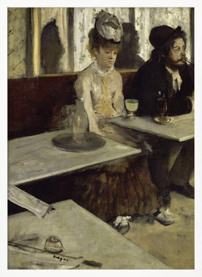 An impressionist painting by Edgar Degas, 'L'Absinthe', depicting a man and a woman sitting separately in a cafe. The woman in a light dress and hat looks downcast before a glass of pale green absinthe, while the bearded man next to her smokes a pipe and looks to the right. The scene is captured from an angle, with empty cafe tables in the foreground. Poster