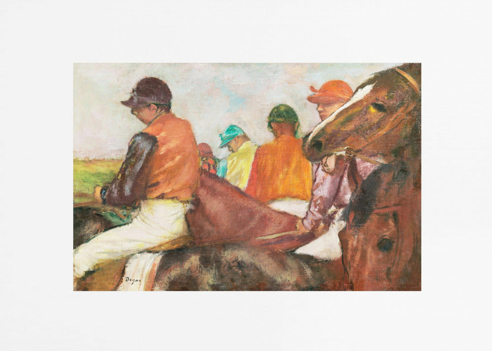 An impressionist painting by Edgar Degas depicting a group of jockeys on horseback. The jockeys wear colorful silks in orange, green, and teal. In the foreground, a brown horse's head is shown in profile, while another jockey in an orange vest is seen from the side. Wall Art