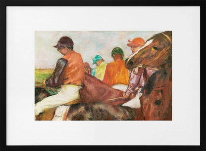 An impressionist painting by Edgar Degas depicting a group of jockeys on horseback. The jockeys wear colorful silks in orange, green, and teal. In the foreground, a brown horse's head is shown in profile, while another jockey in an orange vest is seen from the side. Wall Art