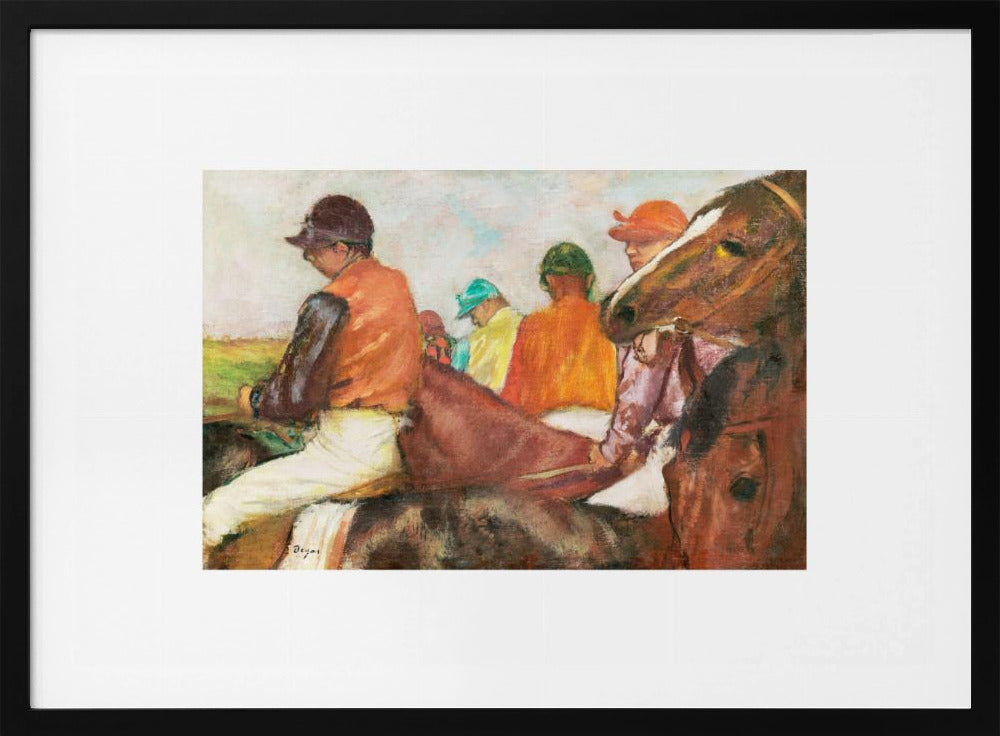 An impressionist painting by Edgar Degas depicting a group of jockeys on horseback. The jockeys wear colorful silks in orange, green, and teal. In the foreground, a brown horse's head is shown in profile, while another jockey in an orange vest is seen from the side. Wall Art