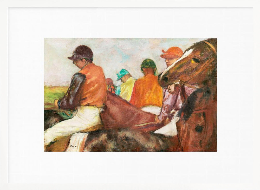 An impressionist painting by Edgar Degas depicting a group of jockeys on horseback. The jockeys wear colorful silks in orange, green, and teal. In the foreground, a brown horse's head is shown in profile, while another jockey in an orange vest is seen from the side. Wall Art