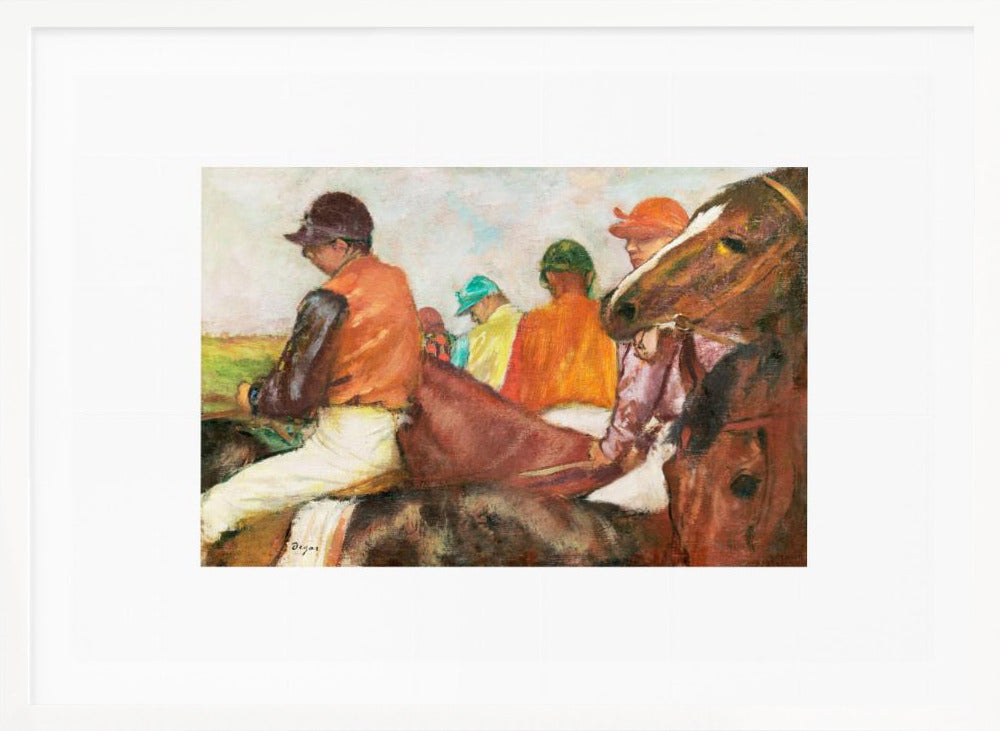 An impressionist painting by Edgar Degas depicting a group of jockeys on horseback. The jockeys wear colorful silks in orange, green, and teal. In the foreground, a brown horse's head is shown in profile, while another jockey in an orange vest is seen from the side. Wall Art