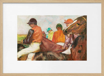 An impressionist painting by Edgar Degas depicting a group of jockeys on horseback. The jockeys wear colorful silks in orange, green, and teal. In the foreground, a brown horse's head is shown in profile, while another jockey in an orange vest is seen from the side. Wall Art