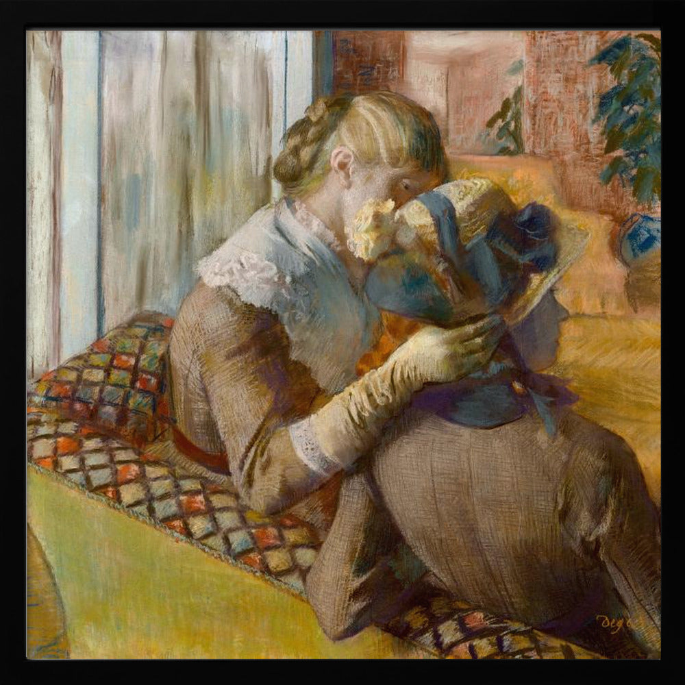 A framed Impressionist painting by Edgar Degas depicting two women. One woman, with blonde hair tied back, adjusts a hat with a blue ribbon on the other woman who is sitting with her back mostly to the viewer on a colorful patterned sofa. Print