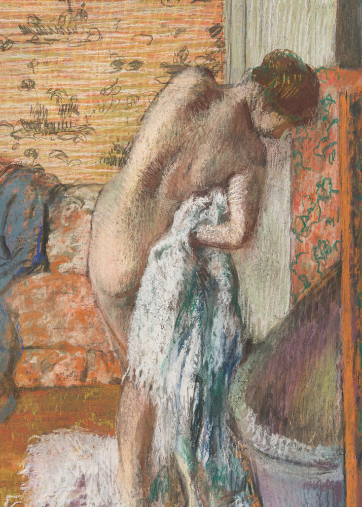 A pastel drawing in an impressionist style of a nude woman seen from the back. She is bent over, drying herself with a white and blue towel. The background is an interior with warm, patterned wallpaper in shades of orange and yellow. Print