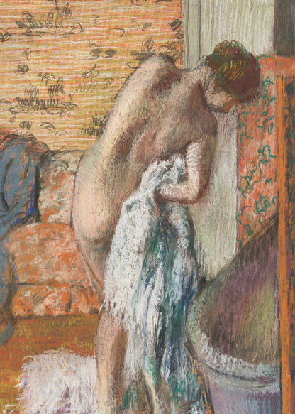 A pastel drawing in an impressionist style of a nude woman seen from the back. She is bent over, drying herself with a white and blue towel. The background is an interior with warm, patterned wallpaper in shades of orange and yellow. Print