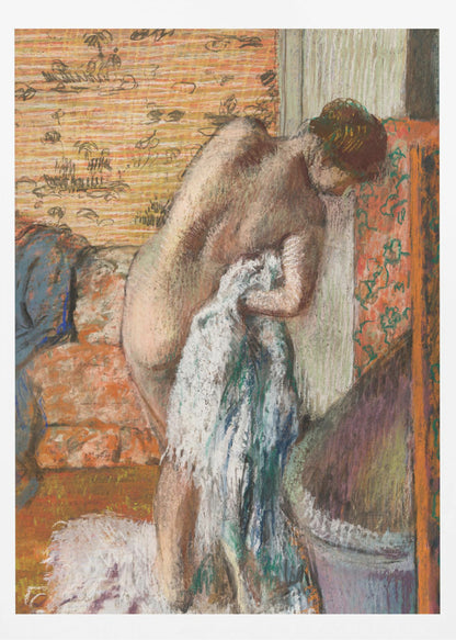 A pastel drawing in an impressionist style of a nude woman seen from the back. She is bent over, drying herself with a white and blue towel. The background is an interior with warm, patterned wallpaper in shades of orange and yellow. Print