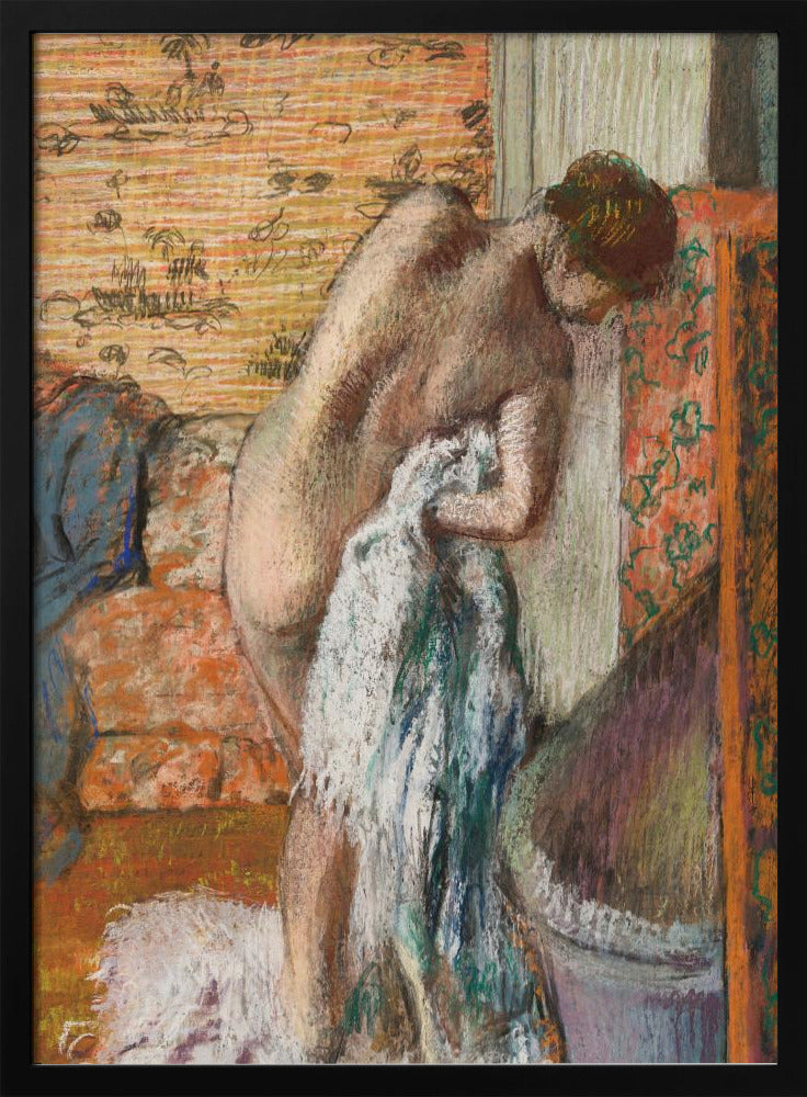 A pastel drawing in an impressionist style of a nude woman seen from the back. She is bent over, drying herself with a white and blue towel. The background is an interior with warm, patterned wallpaper in shades of orange and yellow. Print