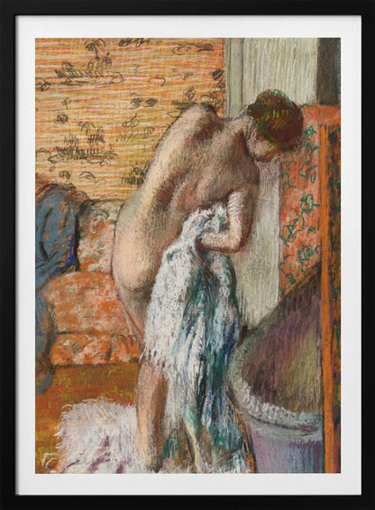 A pastel drawing in an impressionist style of a nude woman seen from the back. She is bent over, drying herself with a white and blue towel. The background is an interior with warm, patterned wallpaper in shades of orange and yellow. Print