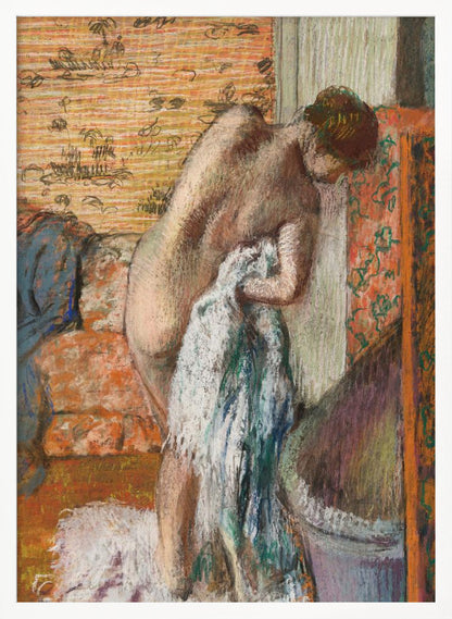 A pastel drawing in an impressionist style of a nude woman seen from the back. She is bent over, drying herself with a white and blue towel. The background is an interior with warm, patterned wallpaper in shades of orange and yellow. Print