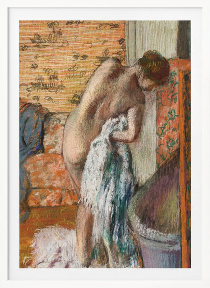 A pastel drawing in an impressionist style of a nude woman seen from the back. She is bent over, drying herself with a white and blue towel. The background is an interior with warm, patterned wallpaper in shades of orange and yellow. Print