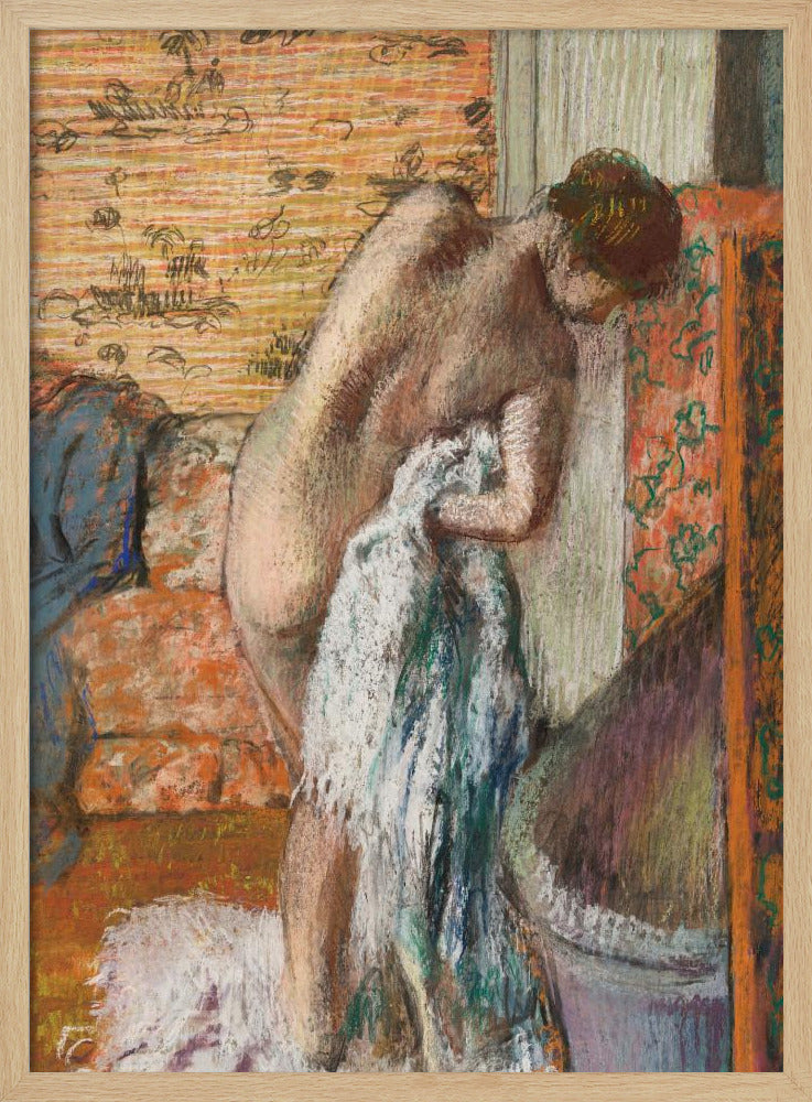 A pastel drawing in an impressionist style of a nude woman seen from the back. She is bent over, drying herself with a white and blue towel. The background is an interior with warm, patterned wallpaper in shades of orange and yellow. Print