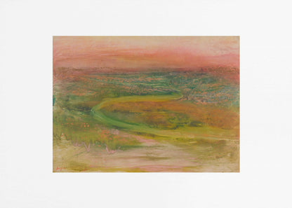 An abstract landscape painting with a soft, hazy aesthetic, featuring a pink and orange sky over a green and earthy-toned rolling terrain with a winding path. The artwork is framed in a silver frame with a wide white mat. Wall Art