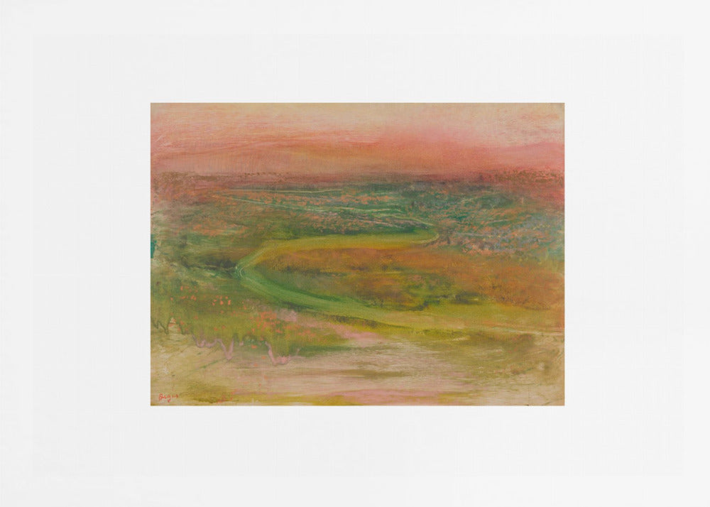 An abstract landscape painting with a soft, hazy aesthetic, featuring a pink and orange sky over a green and earthy-toned rolling terrain with a winding path. The artwork is framed in a silver frame with a wide white mat. Wall Art