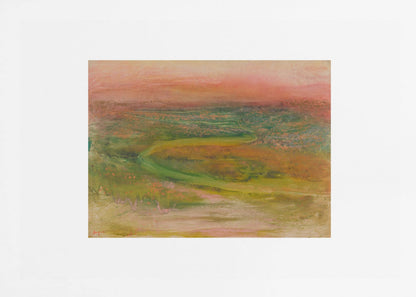 An abstract landscape painting with a soft, hazy aesthetic, featuring a pink and orange sky over a green and earthy-toned rolling terrain with a winding path. The artwork is framed in a silver frame with a wide white mat. Wall Art