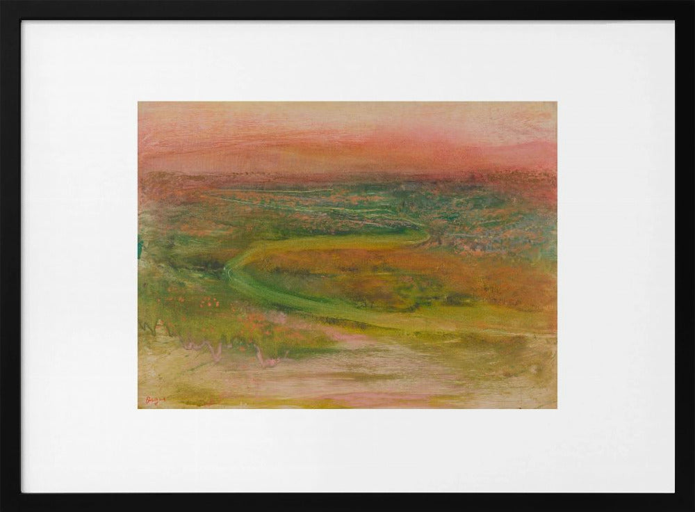 An abstract landscape painting with a soft, hazy aesthetic, featuring a pink and orange sky over a green and earthy-toned rolling terrain with a winding path. The artwork is framed in a silver frame with a wide white mat. Wall Art
