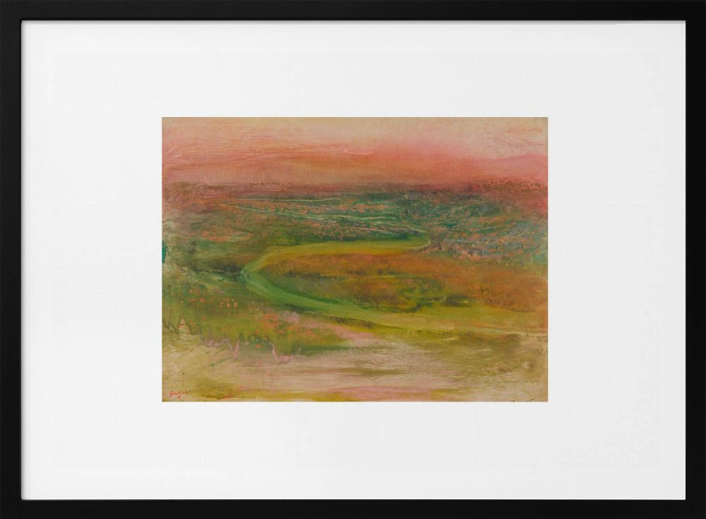 An abstract landscape painting with a soft, hazy aesthetic, featuring a pink and orange sky over a green and earthy-toned rolling terrain with a winding path. The artwork is framed in a silver frame with a wide white mat. Wall Art