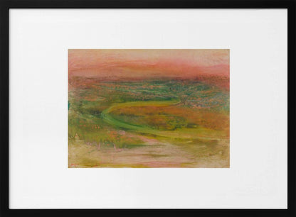 An abstract landscape painting with a soft, hazy aesthetic, featuring a pink and orange sky over a green and earthy-toned rolling terrain with a winding path. The artwork is framed in a silver frame with a wide white mat. Wall Art
